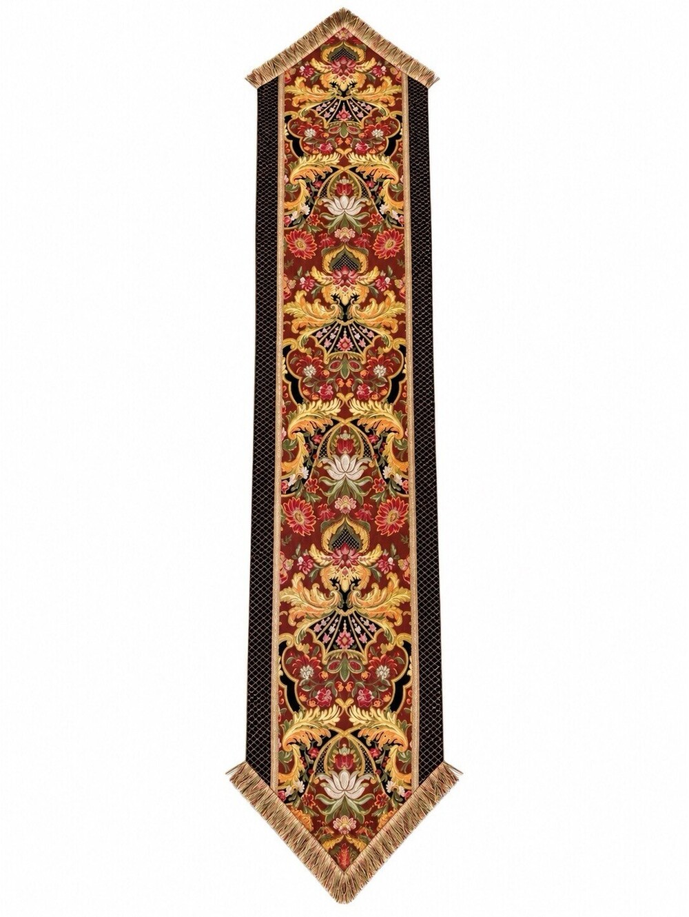Ornate Floral Tapestry Table Runner Burgundy Gold Black Fringed Pointed Ends